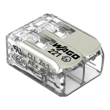 Produktfoto 1 von WAGO 221 Kupfer Polycarbonat Anschluss 20A transparent 2-polig Steckbar 12AWG, 24 AWG