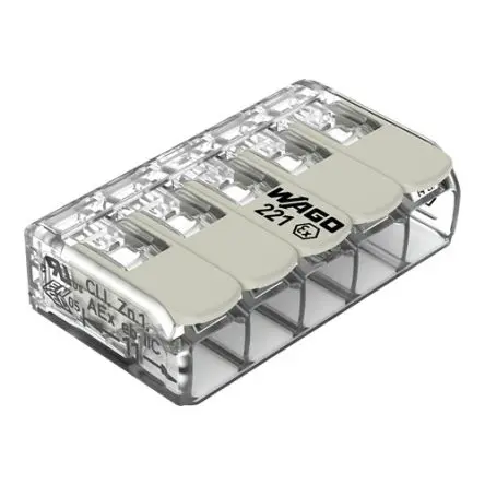 Produktfoto 1 von WAGO 221 Kupfer Polycarbonat Anschluss 32A transparent 5-polig Zugfederklemme 12AWG, 24 AWG