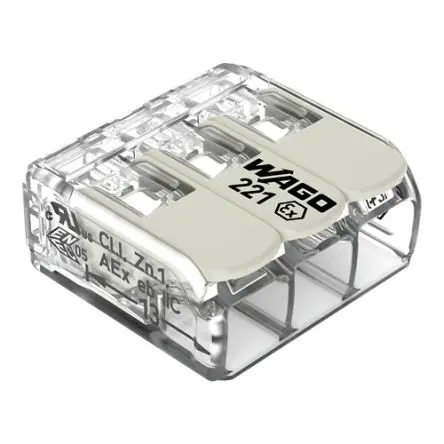 Produktfoto 1 von WAGO 221 Kupfer Polycarbonat Anschluss 37A transparent 3-polig Zugfederklemme 10AWG, 20 AWG