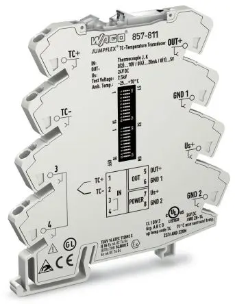 Produktfoto 1 von WAGO Serie 857 Signalwandler 24V dc, Temperatur / Strom/Spannung DIN-Hutschiene, ATEX, IECEx