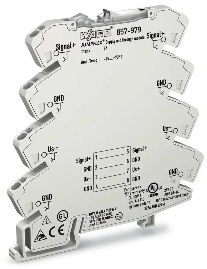 Produktfoto 1 von WAGO Serie 857 Modul 30 V ac/dc, Spannung DIN-Hutschiene, IECEx, ATEX
