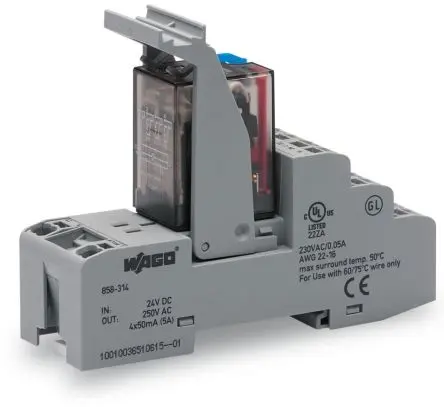 Produktfoto 1 von WAGO 858 Relaismodul 24V dc, 4-poliger Schließer DIN-Hutschiene 37mA