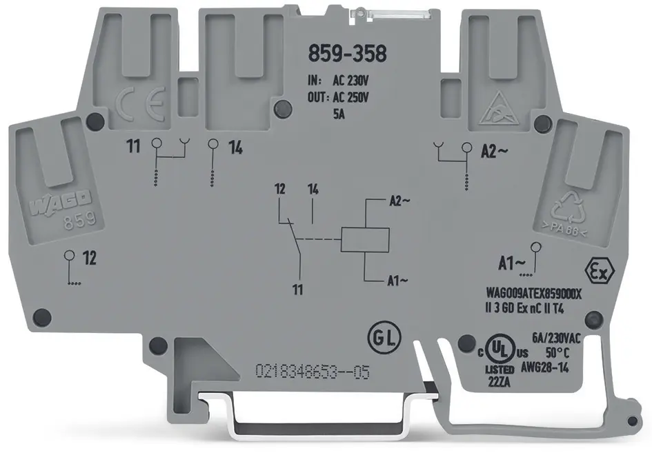 Produktfoto 1 von WAGO 859 Relaismodul 230V ac/dc, 1-poliger Wechsler DIN-Schienen