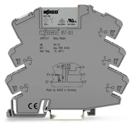 Produktfoto 1 von WAGO 857 Relaismodul 12V dc, 1-poliger Umschalter DIN-Hutschiene 17mA