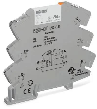 Produktfoto 1 von WAGO 857 Relaismodul 24V dc, 1-poliger Umschalter DIN-Hutschiene 10mA