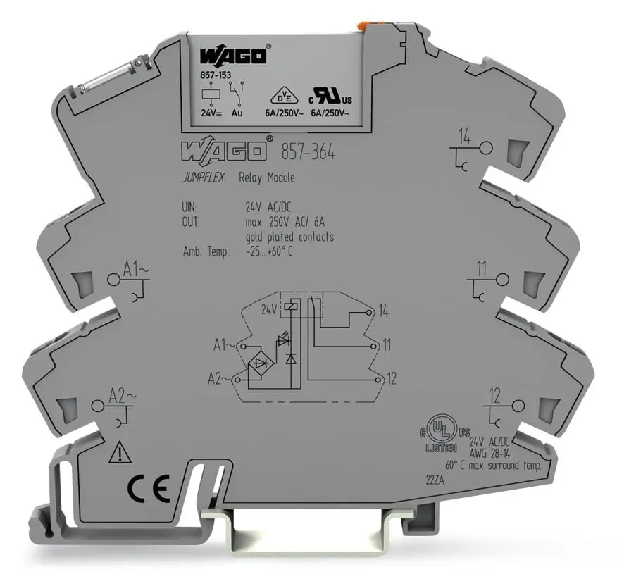 Produktfoto 1 von WAGO 857 Relaismodul 24V ac/dc, 1-poliger Wechsler DIN-Schienen