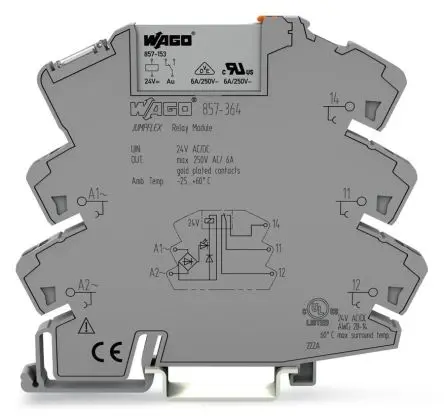 Produktfoto 1 von WAGO 857 Relaismodul 24V ac/dc, 1-poliger Umschalter DIN-Hutschiene 9mA