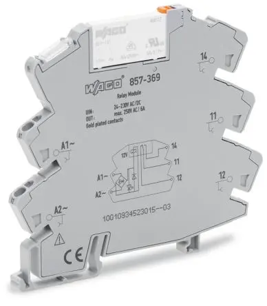 Produktfoto 1 von WAGO 857 Relaismodul 230V ac/dc, 24 V ac/dc, 1-poliger Umschalter DIN-Hutschiene 20mA, 4 mA
