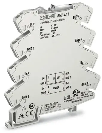 Produktfoto 1 von WAGO Serie 857 Signalwandler 24V dc, Spannung 0 → 10 V dc EIN / Strom 0 → 20 mA AUS DIN-Hutschiene, ATEX, IECEx