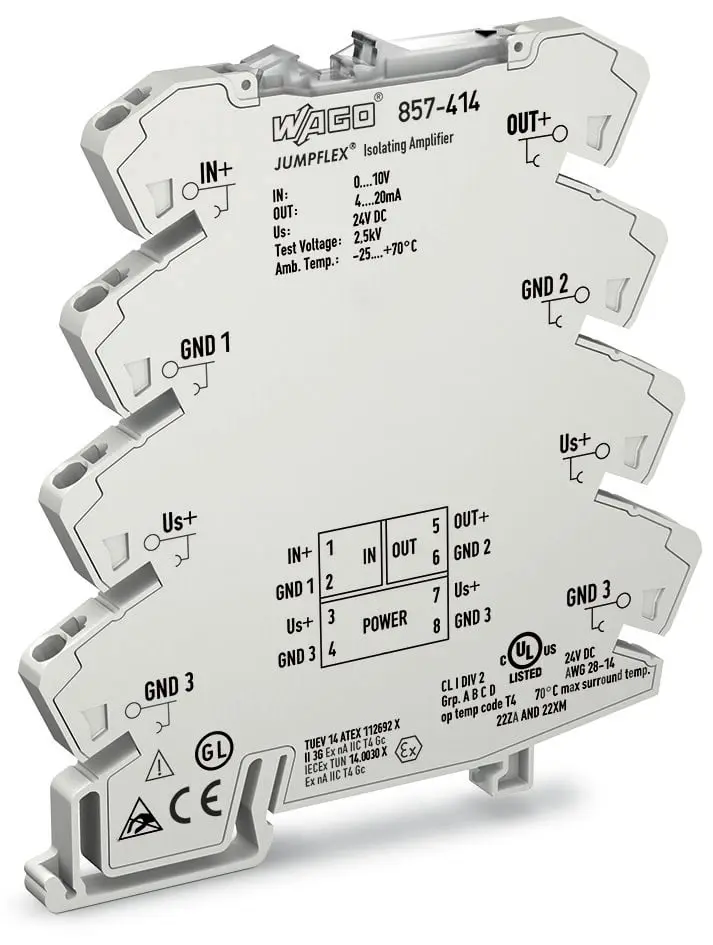 Produktfoto 1 von WAGO Serie 857 Signalwandler 24 V dc, Spannung 0 to 10 V dc EIN / Strom 4 to 20 mA AUS DIN-Hutschiene, IECEx, ATEX