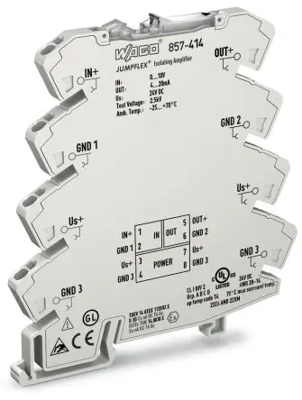 Produktfoto 1 von WAGO Serie 857 Signalwandler 24V dc, Spannung 0 → 10 V dc EIN / Strom 4 → 20 mA AUS DIN-Hutschiene, IECEx, ATEX