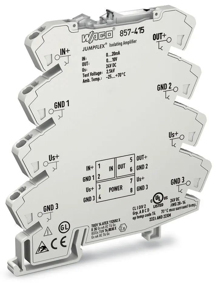 Produktfoto 1 von WAGO Serie 857 Signalwandler 24 V dc, Strom 0 to 20 mA EIN / Spannung 0 to 10 V dc AUS DIN-Hutschiene, IECEx, ATEX