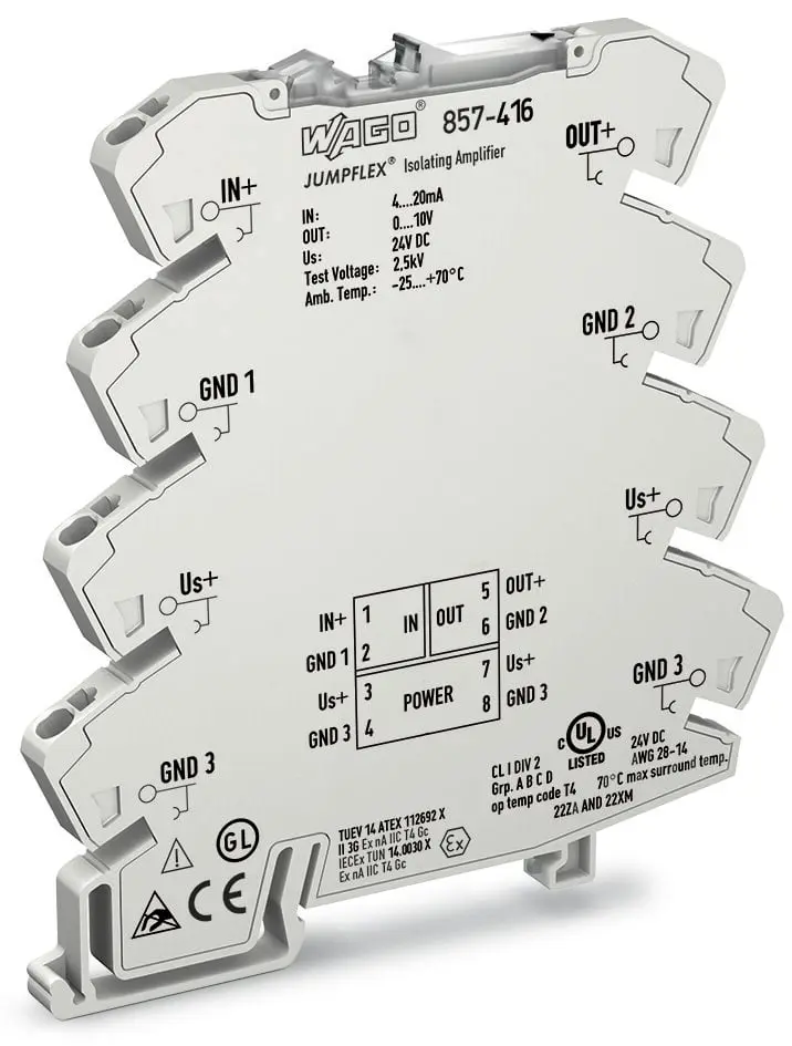 Produktfoto 1 von WAGO Serie 857 Signalwandler 24 V dc, Strom 40 to 20 mA EIN / Spannung 0 to 10 V dc AUS DIN-Hutschiene, ATEX, IECEx