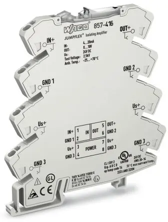 Produktfoto 1 von WAGO Serie 857 Signalwandler 24V dc, Strom 40 → 20 mA EIN / Spannung 0 → 10 V dc AUS DIN-Hutschiene, ATEX, IECEx