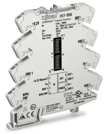 Produktfoto 1 von WAGO Serie 857 Signalwandler 24V dc, Frequenz / Strom/Spannung DIN-Hutschiene, IECEx, ATEX