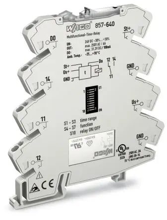 Produktfoto 1 von WAGO 857 Zeitrelais, DIN-Hutschiene 250 V dc 250V ac, 0.01 s to 100 h, 1 Kont., 1 Wechsler