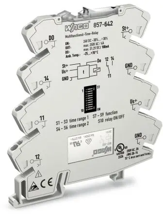 Produktfoto 1 von WAGO 857 Zeitrelais, DIN-Hutschiene 250 V dc 250V ac, 0.01 s to 100 h, 1 Kont., 1 Wechsler