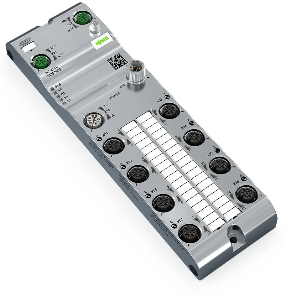 Produktfoto 1 von WAGO 765 E/A-Modul 24V dc 8 Anschlüsse 5 Auslässe M12 Horizontal Profinet