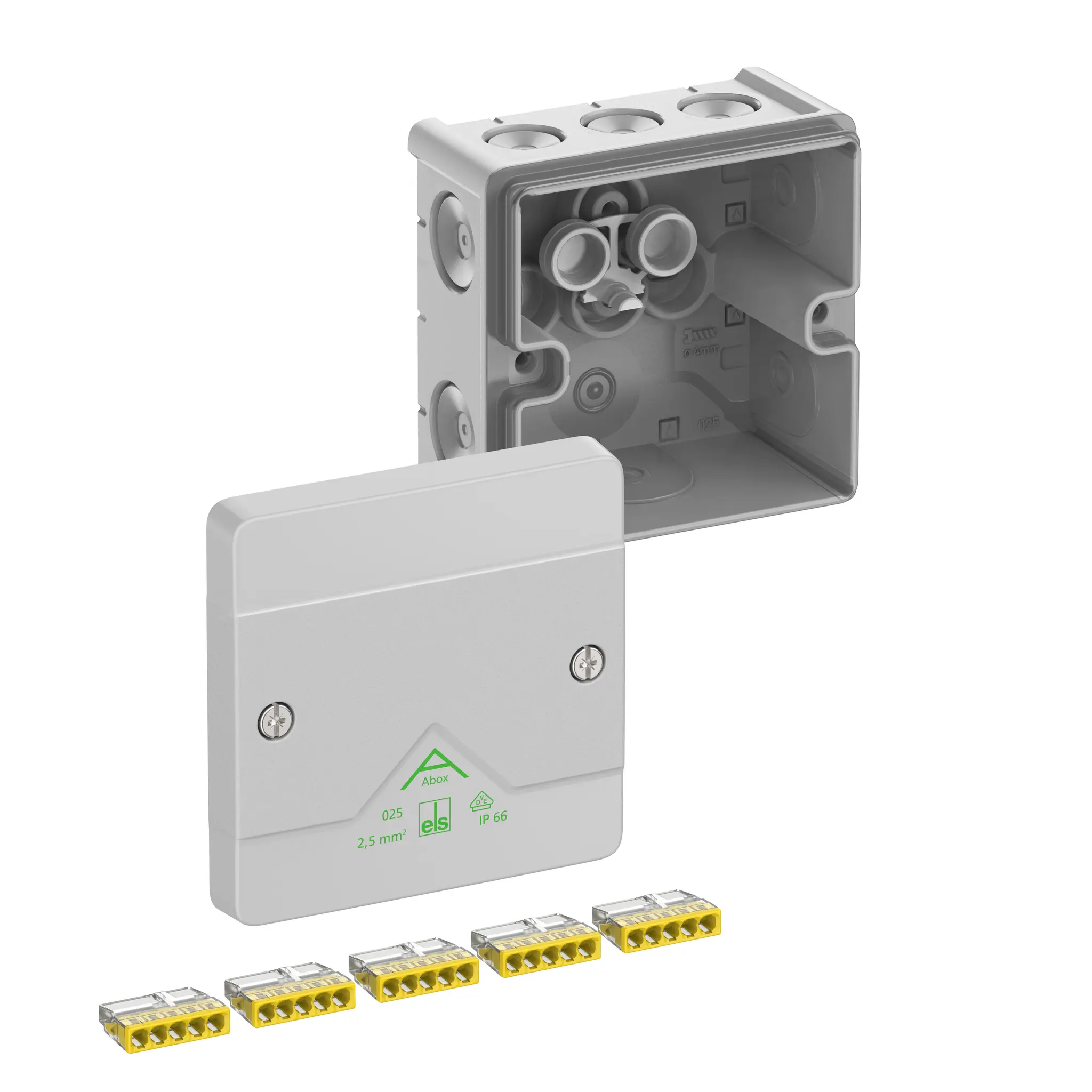 Produktfoto 1 von Spelsberg Abox m 025 Polystyrol Abzweigdose Grau IP54, IP65 5 Breite 82 mm Höhe 52 mm Länge 82 mm