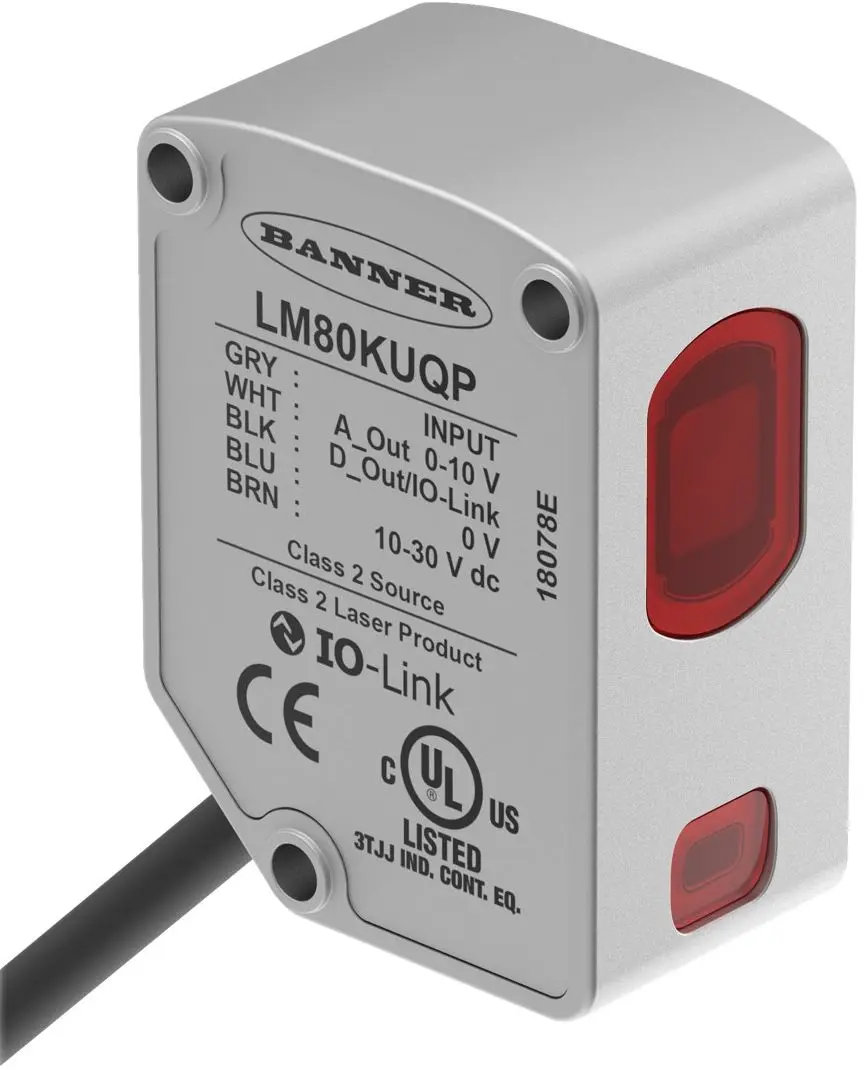 Banner LM Kubisch Ultraschallsensor, Hintergrundunterdrückung, Bereich 40-80 mm, analog-Ausgang, M12-Stecker, Hell,