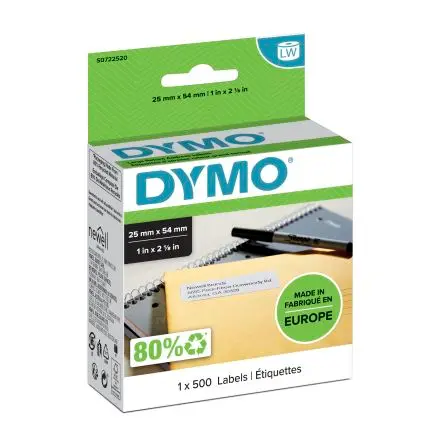 Produktfoto 1 von Dymo Etikette auf Rolle B. 25 mm für Alle LabelWriterTM 500 Pro Rolle auf Weiß Schwarz Kunststoff, Papier
