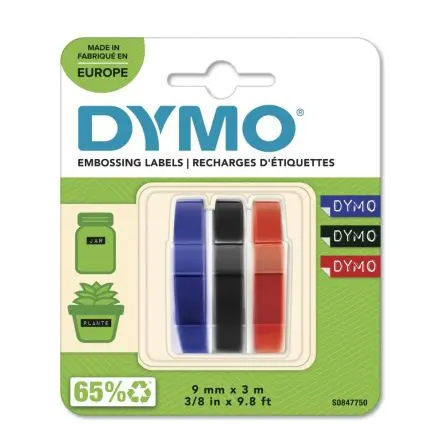 Produktfoto 1 von Dymo Beschriftungsband Schwarz, Blau, Rot für Dymo Junior und Omega Prägegeräte auf Weiß 3 m 9 mm 3 m 9 mm