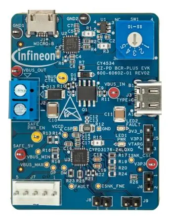Produktfoto 1 von Infineon EZ-PD Barrel-Stecker-Ersatz Plus Evaluierungskit Evaluierungskit CYPD3176-24LQXQ Evaluierungskit USB für