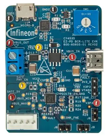 Produktfoto 1 von Infineon EZ-PD Barrel-Stecker-Ersatz Lite-Evaluierungskit Evaluierungskit CYPD3178-24LQXQ Evaluierungskit USB für