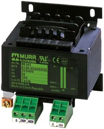 Produktfoto 1 von Murrelektronik Limited 100 VA Sicherheitstrenntransformator, Primär 400 V ac / Sekundär 24 V ac DIN-Hutschiene 1 Ausg. x