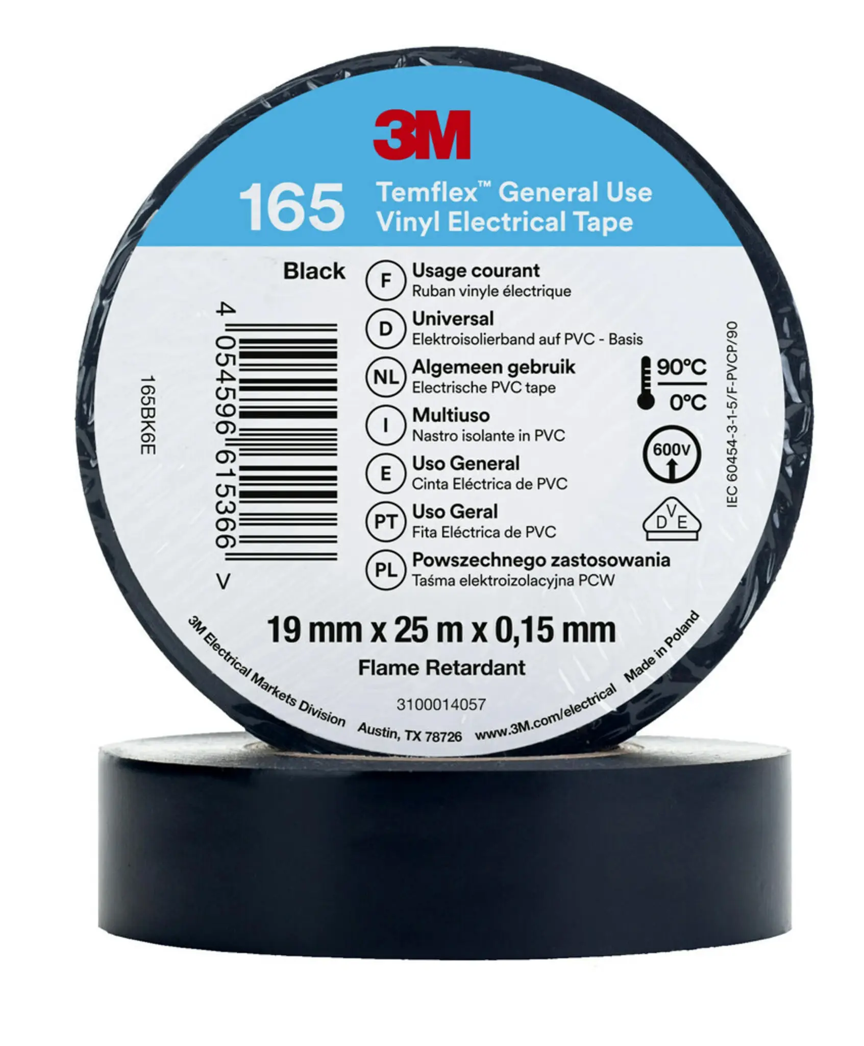 Produktfoto 1 von 3M Temflex Polyvinylchlorid Isolierband Schwarz,  Stärke  0.15 mm x 19 mm x 25 m