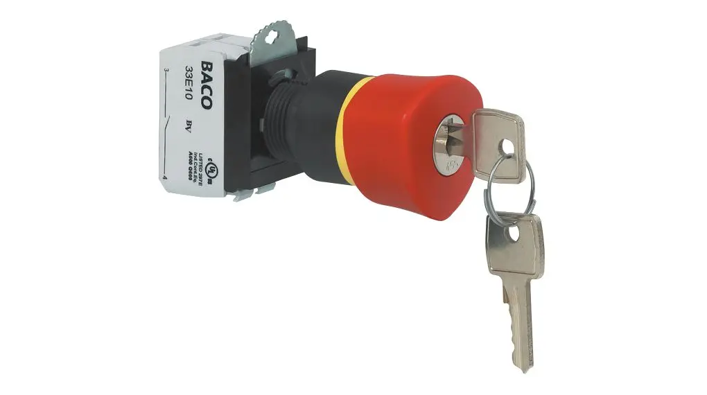 Produktfoto 1 von BACO L22GR Not-Aus-Drucktaster, Ø 22 mm, 1 Schließer/1 Öffner IP66, Rastend