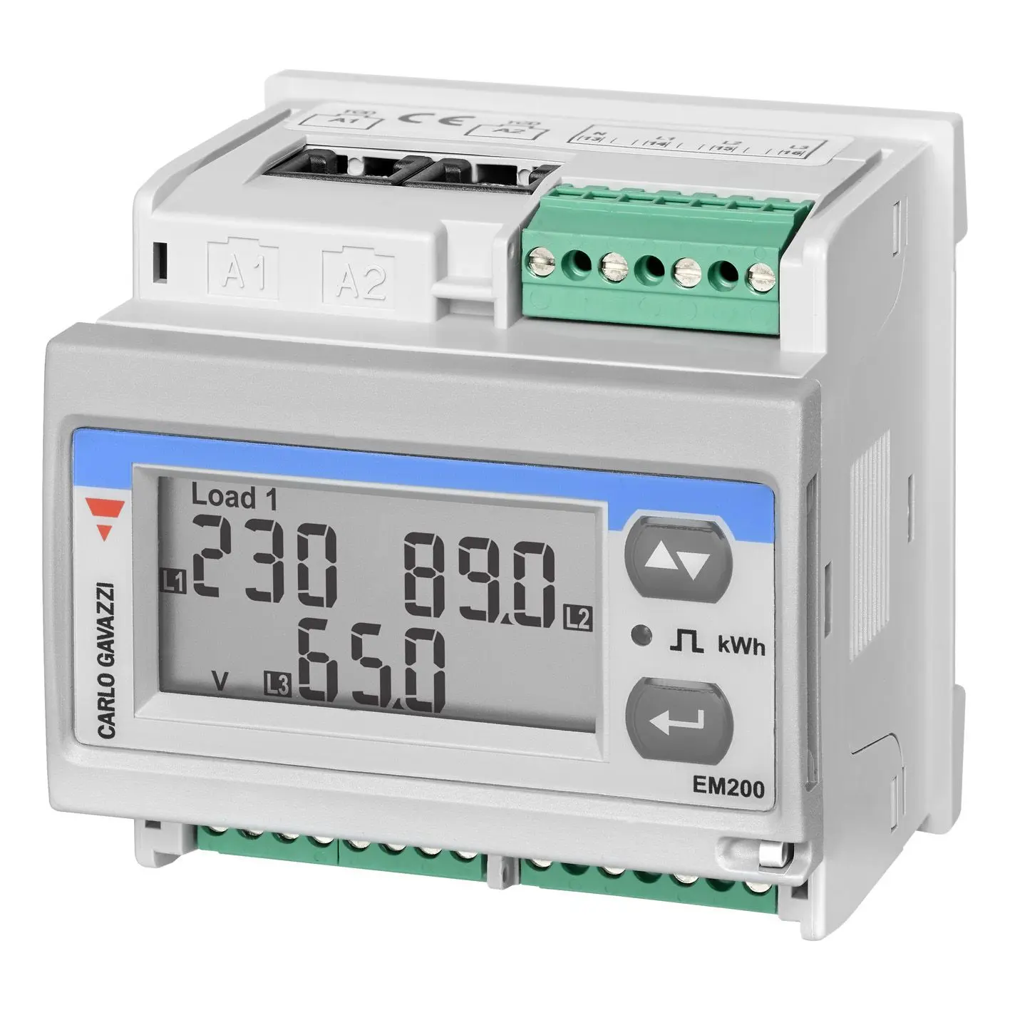 Produktfoto 1 von Carlo Gavazzi EM Energiemessgerät LCD 68 mm x 68 mm Energiemessgerät, 7-stellig / 3-phasig 2 Ausg. Impulsausgang