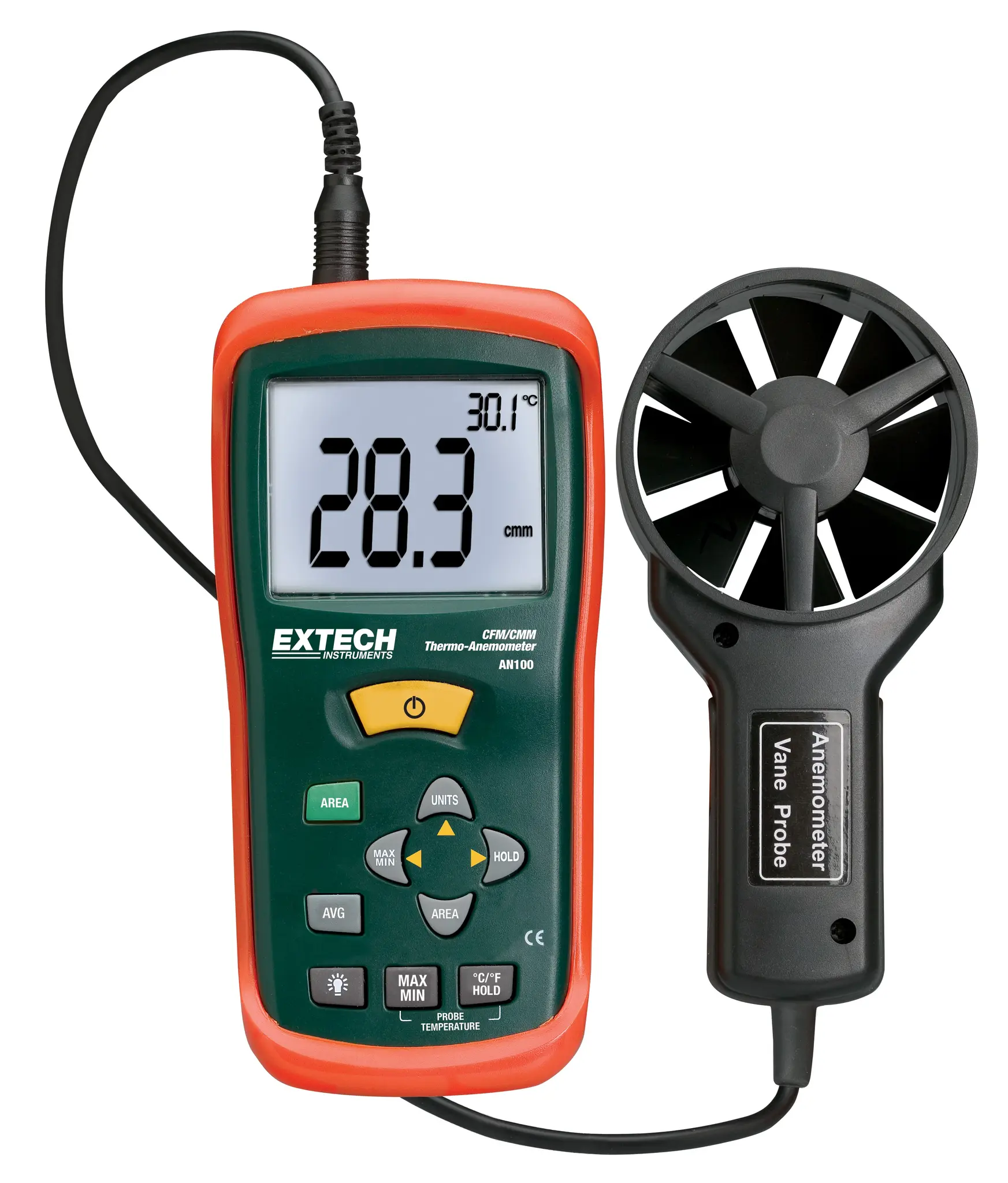 Produktfoto 1 von Extech AN100 Anemometer 60°C max.Temp. 30 m/s, 0.01 m/s, Luftdurchsatz, Typ Flügelrad