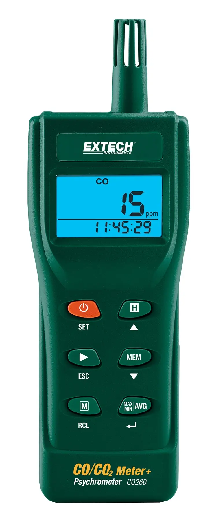 Produktfoto 1 von Extech CO260 Datenloggerfunktion LCD Luftqualitätsmessgerät 60 °C, CO2 bis 9999 ppm / CO bis 1000 ppm, bis 60 °C,