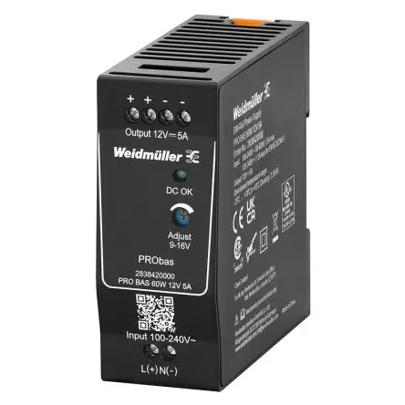 Produktfoto 1 von Weidmüller PRO BAS DIN-Schienen Netzteil Spannungsversorgung 264V ac Wechselstrom/Gleichstrom / 5 A 12V dc DC 60 W