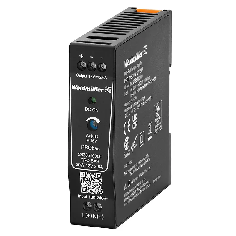 Produktfoto 1 von Weidmüller PRO BAS DIN-Schienen Netzteil DIN-Schienen Netzteil 12V dc / 2.6A 30W 264V ac