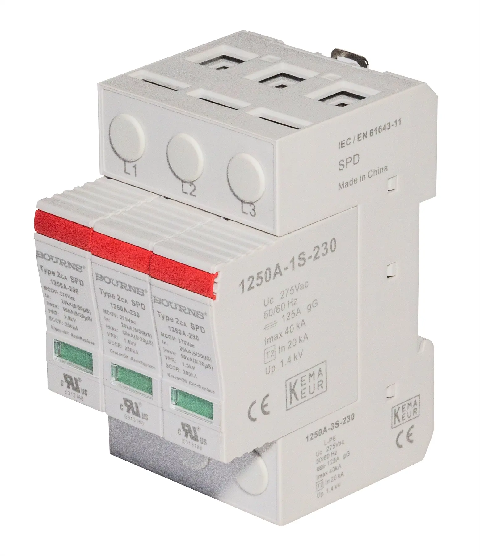 Produktfoto 1 von Bourns, Überspannungsschutz, 3, 1-phasig, 1 kV 50 kA DIN-Hutschiene 1250A