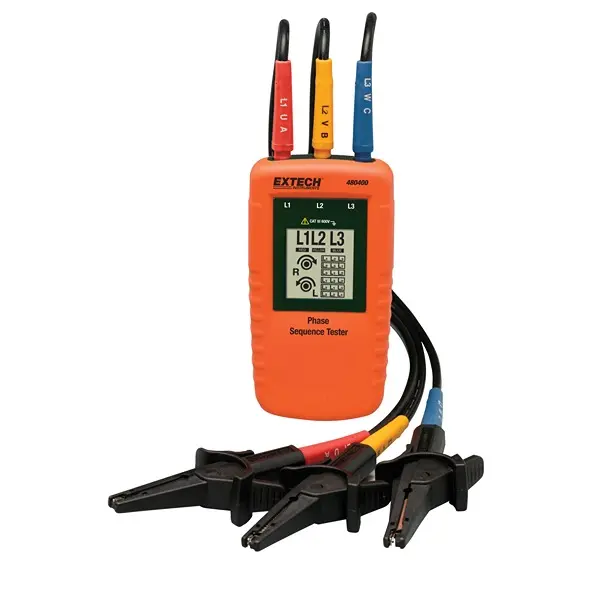 Produktfoto 1 von Extech 480400, Grafische LCD-Anzeige Drehfeldrichtungsanzeiger 15 Hz, 600V ac mit Krokodilklemme