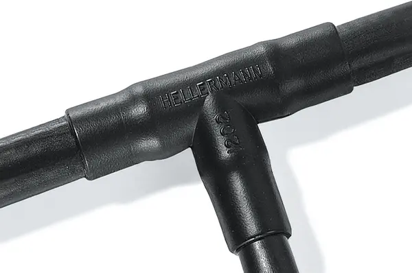 Produktfoto 1 von HellermannTyton Helashrink 1200 Wärmeschrumpfschlauch, T-Form, Polyolefin vernetzt, Schwarz 27 mm, 4-Wege 135 °C