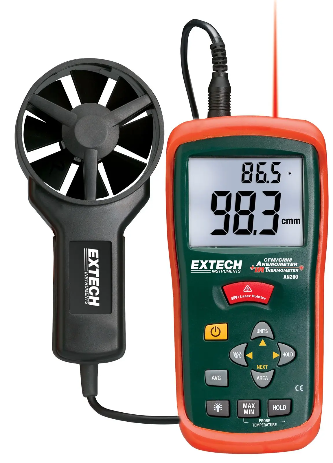 Produktfoto 1 von Extech AN200 Anemometer 60°C max.Temp. 30 m/s, 0.1 m/s, Luftgeschwindigkeit, Typ Flügelrad
