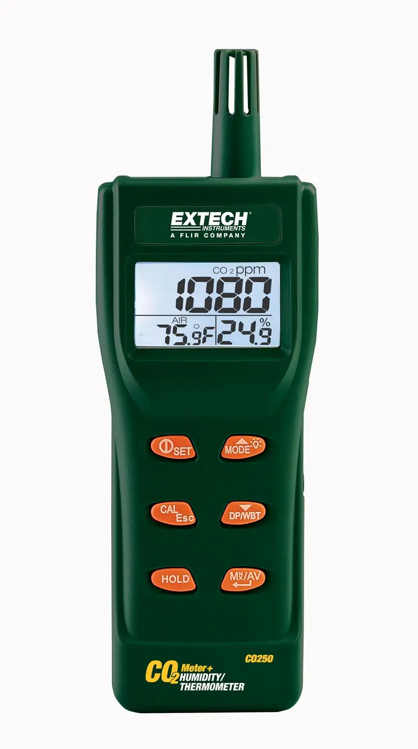 Produktfoto 1 von Extech CO250 Datenloggerfunktion LCD Luftqualitätsüberwachung 60 °C, CO2 bis 5000 ppm, bis 60 °C, Batterie-betrieben /