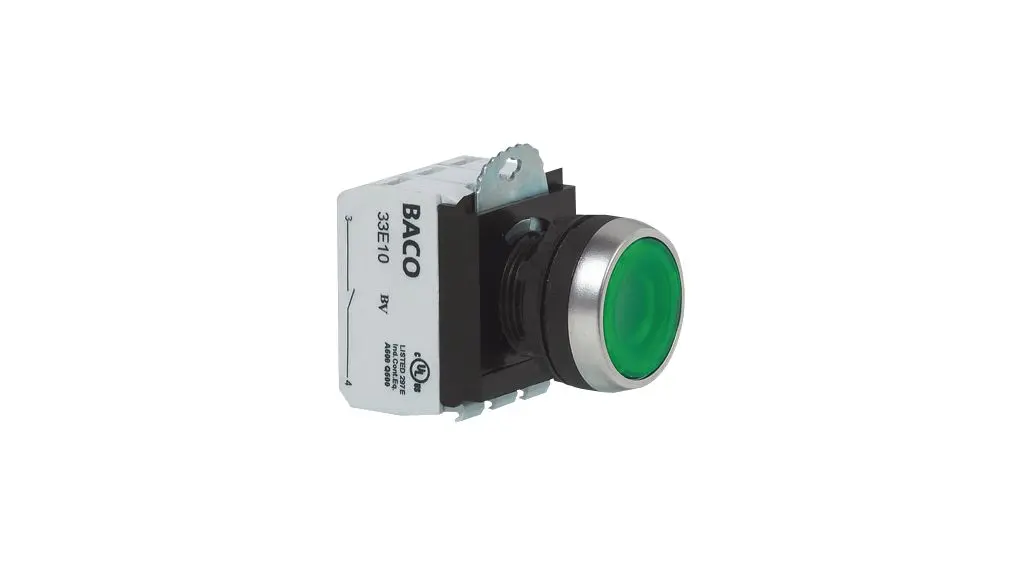 Produktfoto 1 von BACO L21 Druckschalter Grün Beleuchtet Schraubanschlussklemme Ø 22 mm, 1 Schließer/1 Öffner 24 V ac, IP66, IP69K
