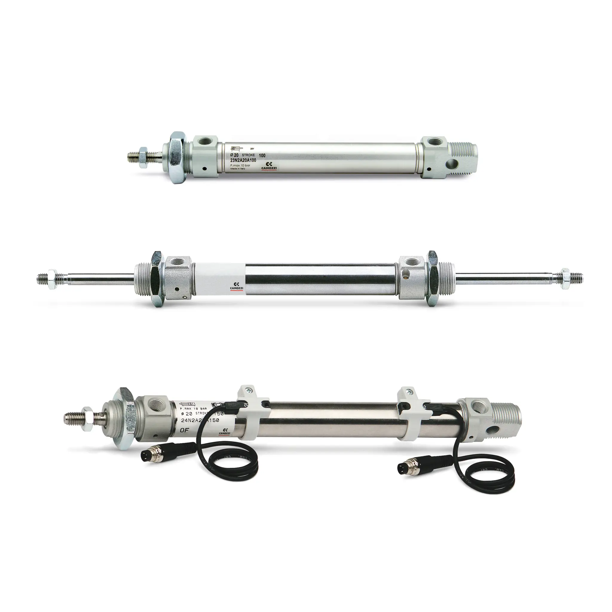 Produktfoto 1 von Camozzi 111 mm 24N2A16A050 Pneumatikzylinder 50 mm Doppeltwirkend, Bohrung Ø 16 mm, bis 10 bar