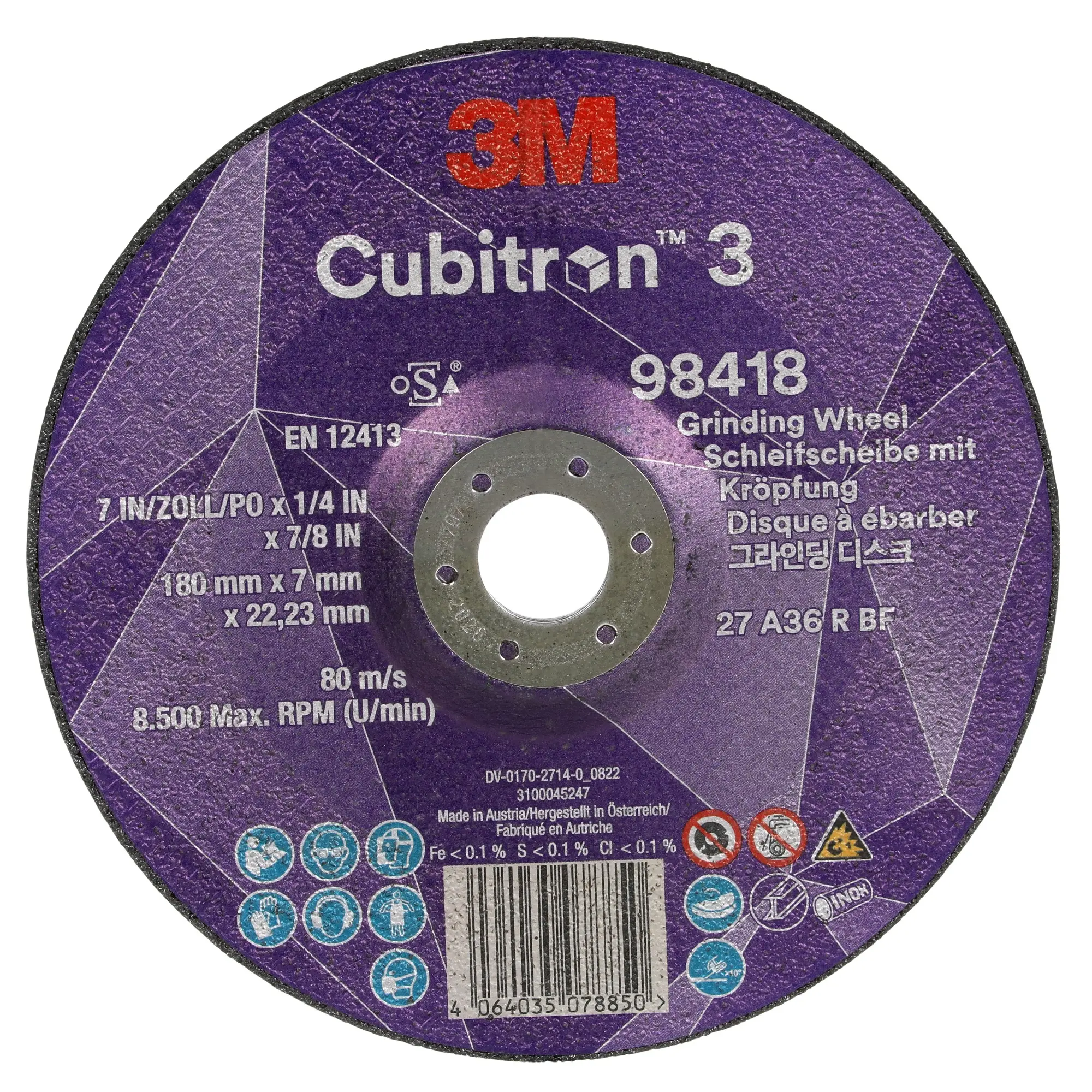 Produktfoto 1 von 3M Cubitron 3 Schleifscheibe, Korngröße 36 Keramik, 180 mm x 22.23 mm, 8500 rpm
