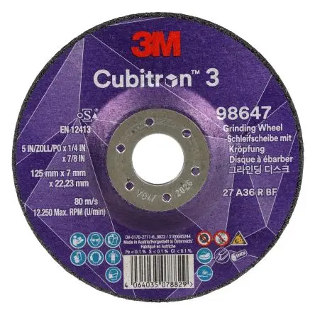 Produktfoto 1 von 3M Cubitron 3 Schleifscheibe, Korngröße 36 Keramik, 125 mm x 22.23 mm, 12250 U/min