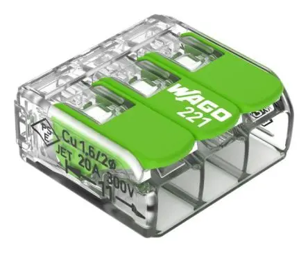 Produktfoto 1 von WAGO 221 Kupfer Polycarbonat Hebelsteckverbinder 32A Grün 3-polig Hebel