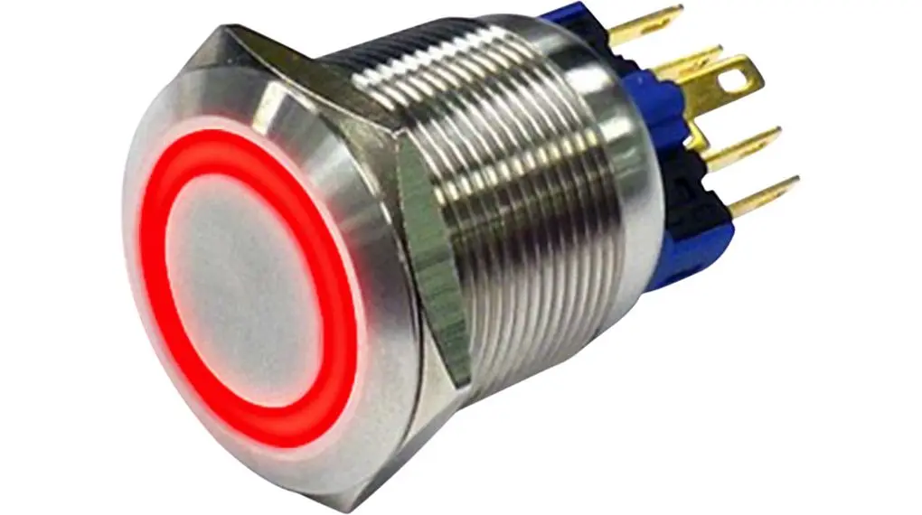 Produktfoto 1 von RND RND 210 Vandalengeschützter Druckschalter Rot Beleuchtet Ein-Ein Panel Ø 22 mm, 1 Schließer/1 Öffner / 3 A 250 V ac,