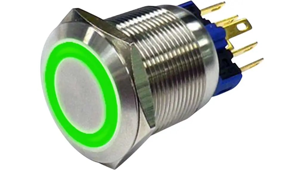 Produktfoto 1 von RND RND 210 Vandalengeschützter Druckschalter Grün Beleuchtet Ein-Ein Panel Ø 22 mm, 1 Schließer/1 Öffner / 3 A 250 V