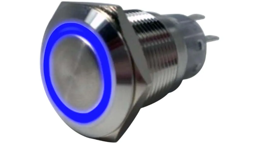 Produktfoto 1 von RND RND 210 Vandalengeschützter Druckschalter Blau Beleuchtet Rastend Panel Ø 19 mm, 1 Schließer/1 Öffner / 5 A 250 V