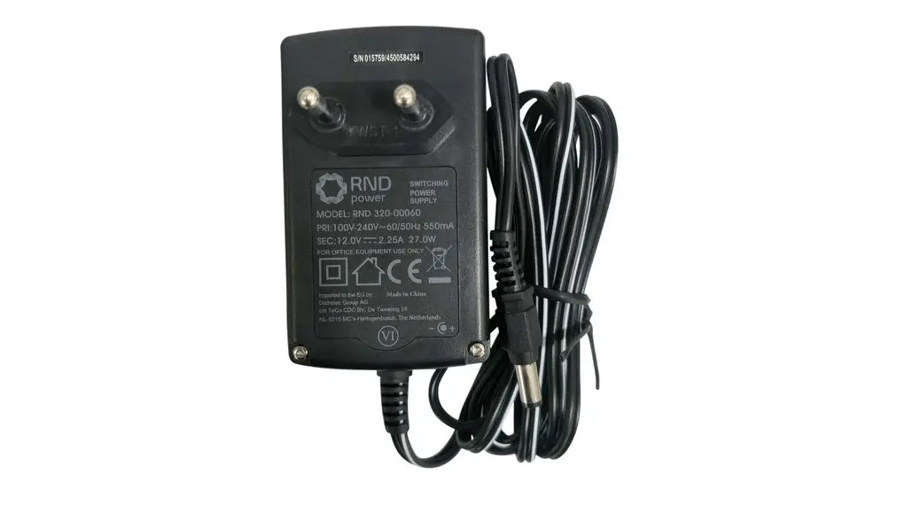Produktfoto 1 von RND Steckernetzteil 27W, 100 → 240V ac, 12V dc / 2.25A